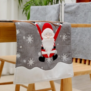 Christmas linen table runner with Santa Claus embroidery and snowflakes for holiday decor