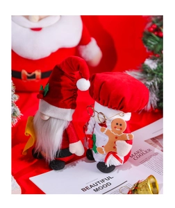 Detailed view of red Christmas gnomes with Santa beard and chef hat holiday plush decor