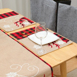 Christmas table runner and placemat set with reindeer embroidery and red plaid snowflakes