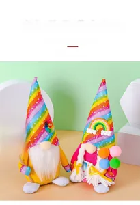 Close-up of rainbow birthday gnomes with knitted hats and Happy Birthday sign