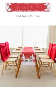 Christmas table runner with gnome print and snowflake patterns on red rustic fabric