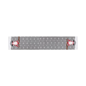 Christmas burlap table runner with gray base, white snowflakes and cartoon Santa embroidery