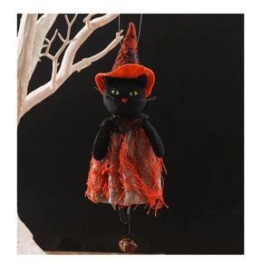 Plush black cat wizard hanging ornament with orange hat and bell for Halloween decor