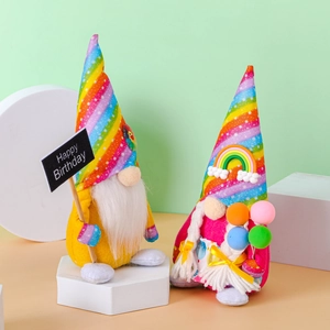 Rainbow birthday gnome plush dolls with Happy Birthday sign and colorful balloons decor