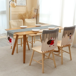Nordic Christmas Chair Cover Set Cotton Linen Blend Santa Claus Snowman Printed Dining Seat Back Protector Holiday Decor
