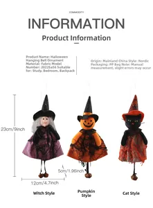 Detailed view of Halloween fabric pendants with bells featuring witch pumpkin and cat designs