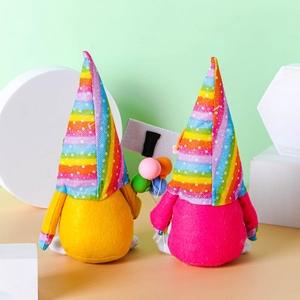 Rainbow striped birthday gnomes set with colorful balloons on decorative props
