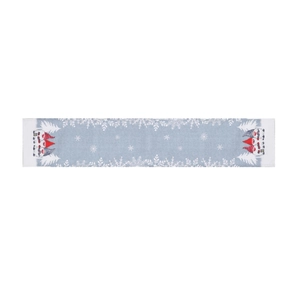 Chemin de table de Noël bleu avec flocons de neige et gnomes festifs illustrés
