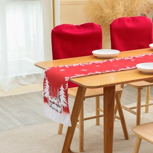 Christmas table runner with gnomes and red chair covers set for festive dining room decor