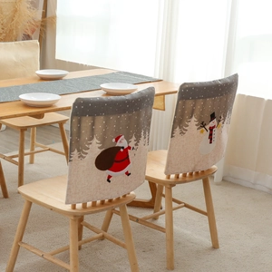 Christmas chair back covers featuring Santa and Snowman in a snowy forest scene