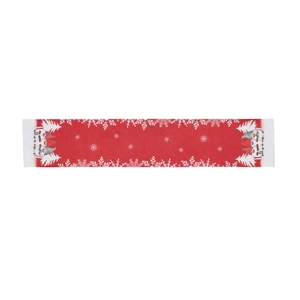 Christmas table runner with red snowflake patterns and festive gnome design for home decor