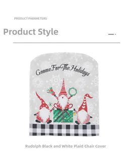 Detail of Christmas gnome chair cover with black and white plaid pattern and holiday text