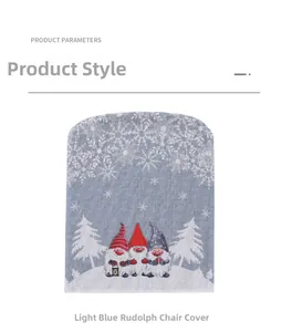 Close-up detail of light blue Christmas chair cover with Rudolph gnome and snowflake patterns