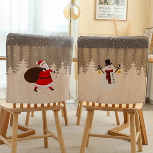 Christmas chair covers set featuring Santa Claus and Snowman on linen fabric backrests