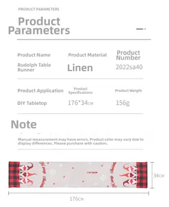 Linen Christmas table runner with red plaid trim and Santa design, size 176x34cm