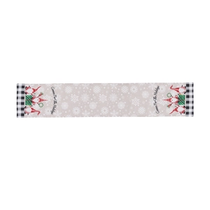 Linen Christmas table runner with Gnome pattern and snowflake prints for holiday decor