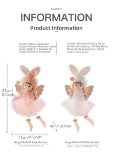 Detailed dimensions of angel bunny plush pendant with lace ears and sequin wings
