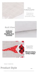 Close-up of Christmas gnome pattern on beige linen fabric with high-quality stitching