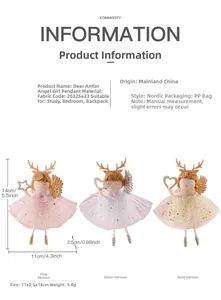 Detail view of antler angel girl dolls showing dimensions 11x2.5x14cm and pink gold colors