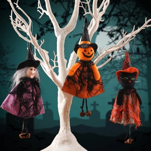 Halloween Hanging Decorations Witch Pumpkin Black Cat Plush Doll With Bell Spooky Party Ornament For Home Bar Indoor Decor Gift
