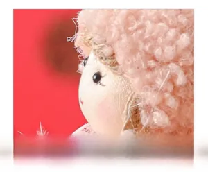 Close-up of cute plush doll face with curly pink hair and black bead eyes details