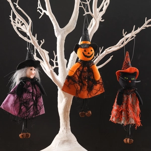 Three-piece Halloween plush hanging decorations featuring witch, pumpkin and black cat with bells