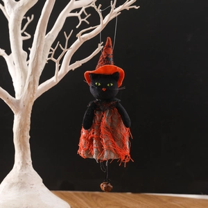 Hanging Halloween black cat ornament with orange witch hat and mesh dress for party decor