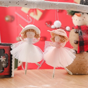 Plush Christmas angel dolls with gold lace skirts and hats for festive tree hanging decor