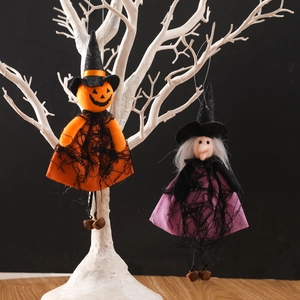 Halloween hanging witch and pumpkin ghost decorations with black mesh and small bells