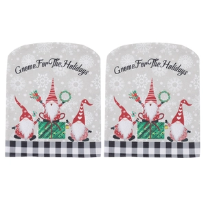Set of two gray Christmas gnome chair covers with Gnome For The Holidays print and snowflakes