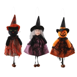 Halloween hanging ornaments set featuring plush witch, black cat and pumpkin with lace details