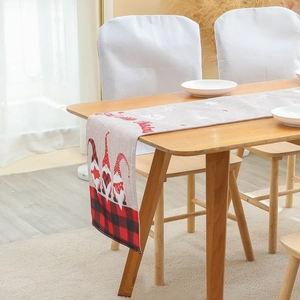 Plaid Christmas table runner with gnomes and Merry Christmas text for home dining decor