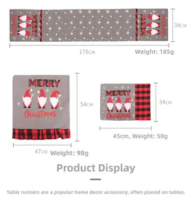 Christmas dining set detail showing linen chair covers and table runner with gnome pattern