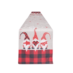 Christmas gnome table runner with red buffalo plaid edges and Merry Christmas text