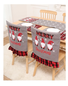 Detail view of gnome Christmas chair cover with red plaid ruffle and Merry Christmas text