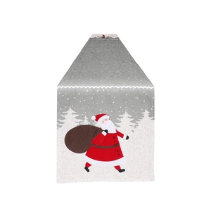 Weihnachts-Tischläufer mit Weihnachtsmann- und Schneemann-Muster auf grauem Leinen
