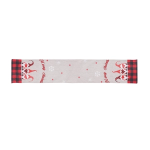 Christmas table runner with gnome print and red black buffalo plaid on grey linen cloth