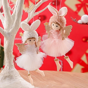 Pink and white lace bunny angel plush doll pendants for Christmas tree decoration