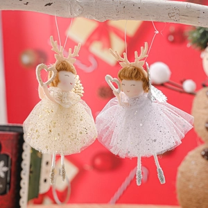 Christmas reindeer angel doll hanging ornaments with sequin wings and gold white dresses