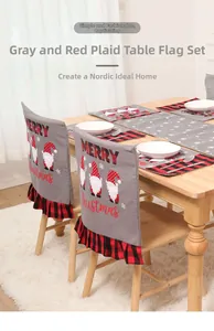 Close-up of gray Christmas chair cover with Nordic gnome print and red plaid ruffle detail