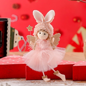 Pink lace rabbit angel doll with gold wings and star wand for Christmas tree decor