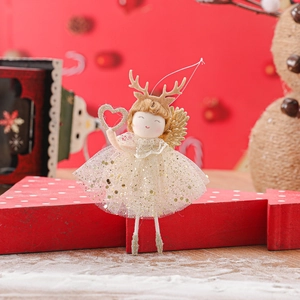 Christmas angel doll with reindeer antlers and golden wings hanging decoration