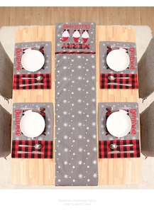 Christmas table runner and placemats set featuring gnome patterns and red plaid design