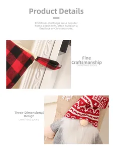 Detail of buffalo plaid fabric and handmade 3D gnome design on these Christmas stockings
