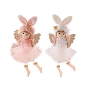 Pink and white lace bunny girl doll pendants with fairy wings for Christmas tree decor