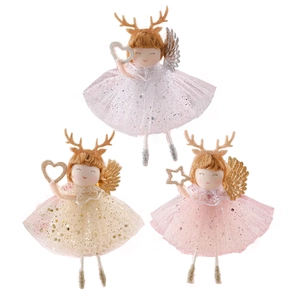 Three-piece Christmas reindeer angel dolls with glitter skirts for Xmas tree hanging decor