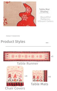 Détail de l'ensemble chemin de table de Noël avec gnomes à carreaux rouges et flocons