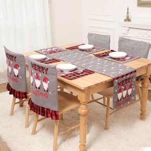 Christmas Fabric Dining Chair Cover Table Runner Placemat Set Grey Gnome Plaid Ruffles Snowflake Printed Holiday Home Decor
