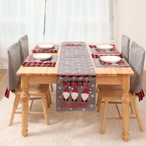 Christmas gnome chair covers and table runner set with red plaid and Merry Christmas text
