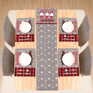 Christmas gnome table runner and placements set with red black plaid snowflakes